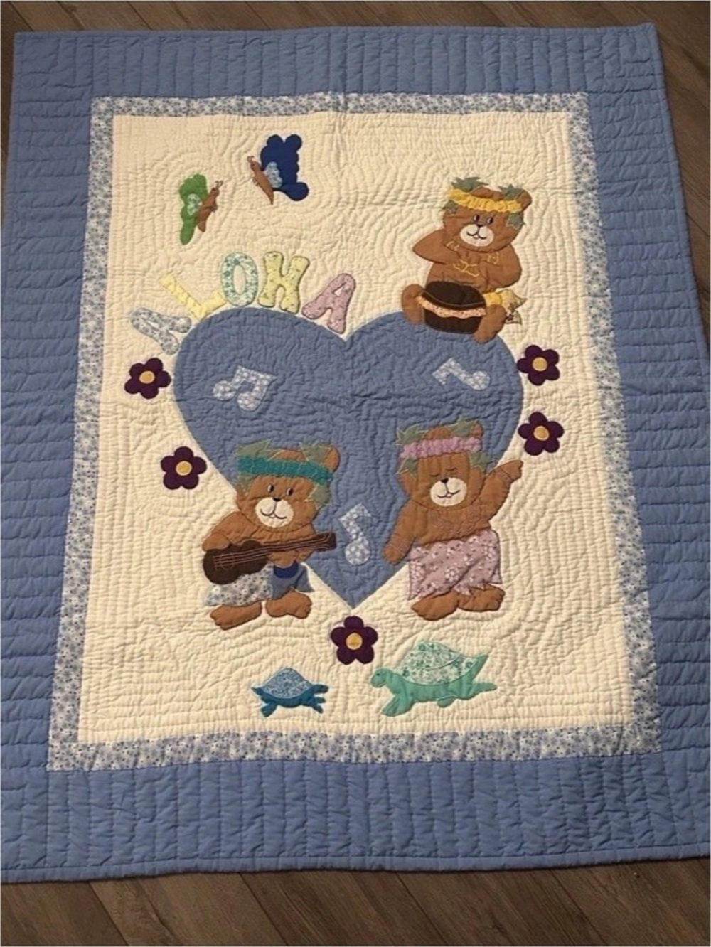 Ben’s Craft Inc Aloha Bears Baby Quilt Blue 65% Polyester 35% Cotton 52x42.5
